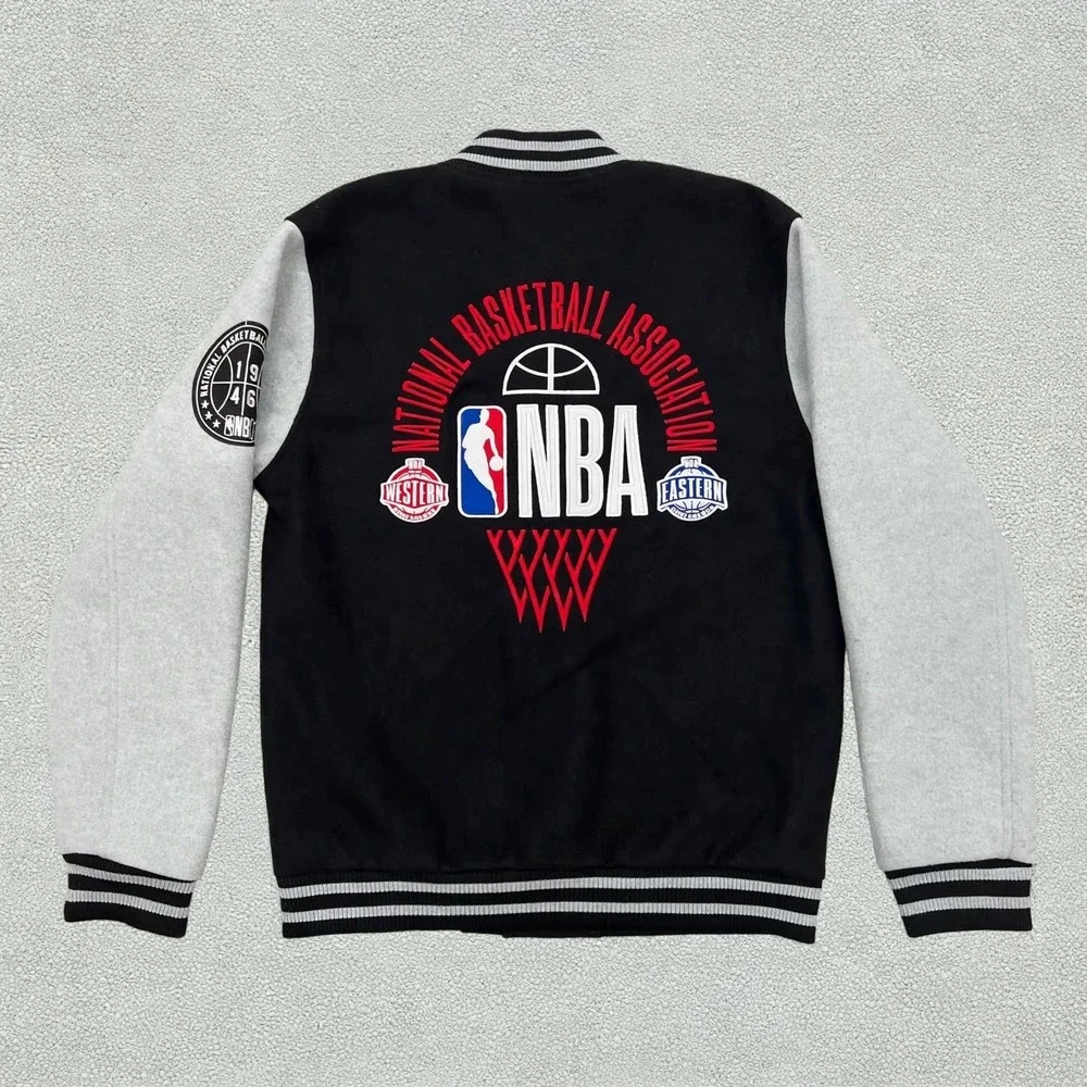 NBA Final Boss Varsity Letterman Jacket Mens M Black Grey Snap Front Bomber NWT